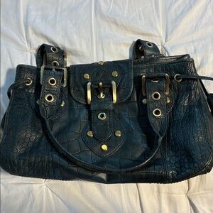 Rafe Dark Green Croc-Embossed Handbag with Gold Accents